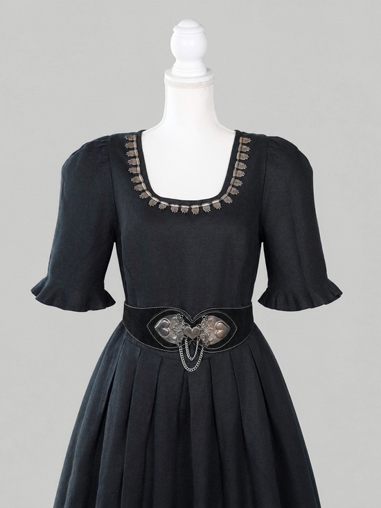 Vintage Dresses & Skirts - Vintage Black Maxi Linen Dress with Belt, Gothic, Medieval, Cottagecore